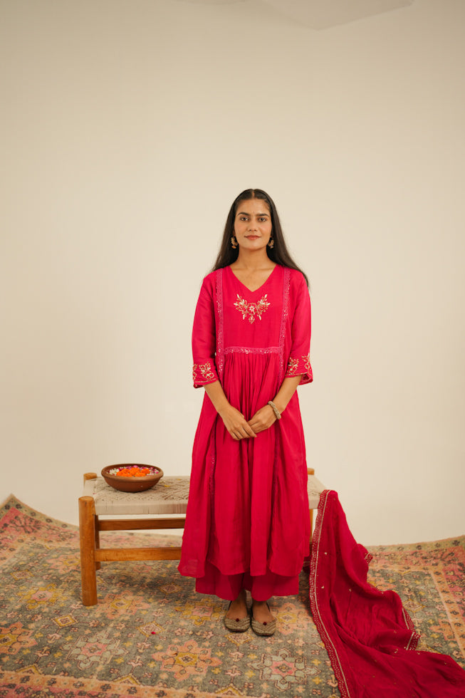 Hand-Embroidered Mul Chanderi Nayra-Cut Kurta Set