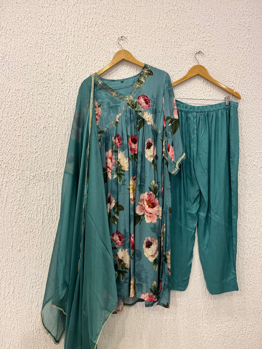 Green chinon Alia cut with dupatta