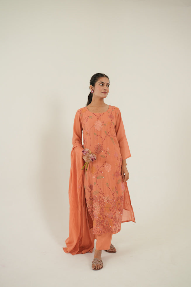 Peach Floral Threadwork Kurta Set
