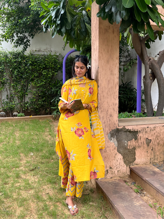 Floral Cotton Suit Set with Printed Dupatta