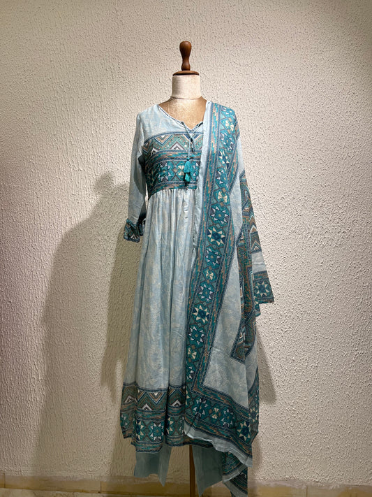 Blue Print Mul Cotton Anarkali Suit Set
