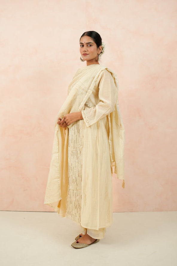 Off-White Hand-Embroidered Mul Chanderi Suit Set