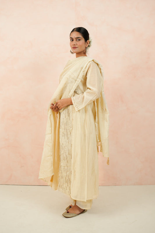 Off-White Hand-Embroidered Mul Chanderi Suit Set