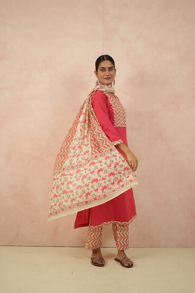 Pink Cotton Block-Printed Kurta Set