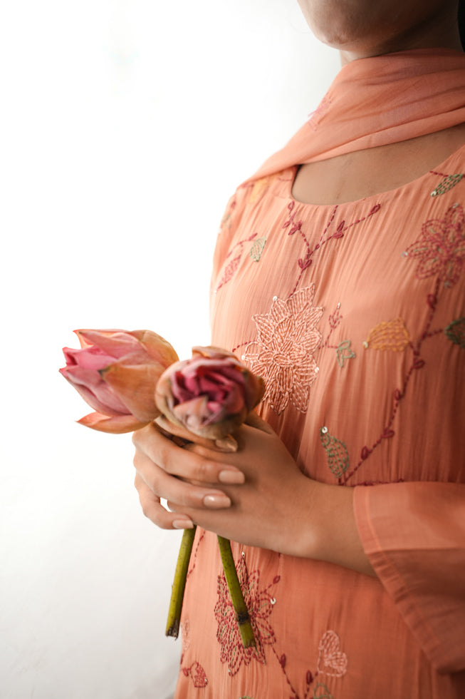 Peach Floral Threadwork Kurta Set