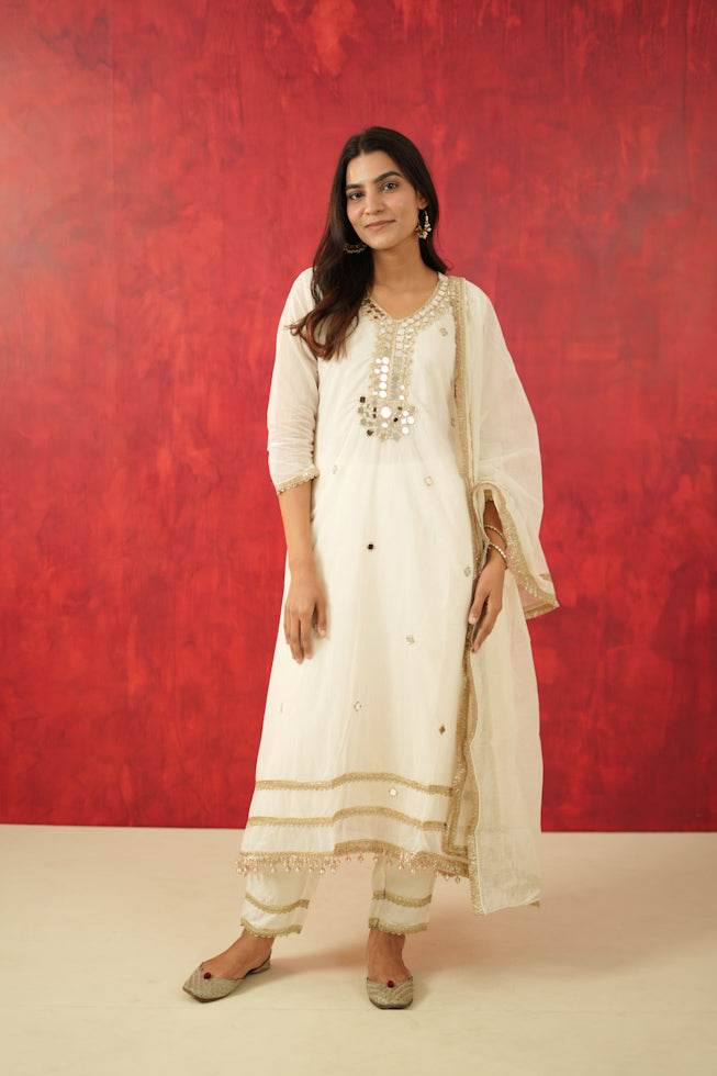 Mul Chanderi A-Line Kurta Set with Mirror Work
