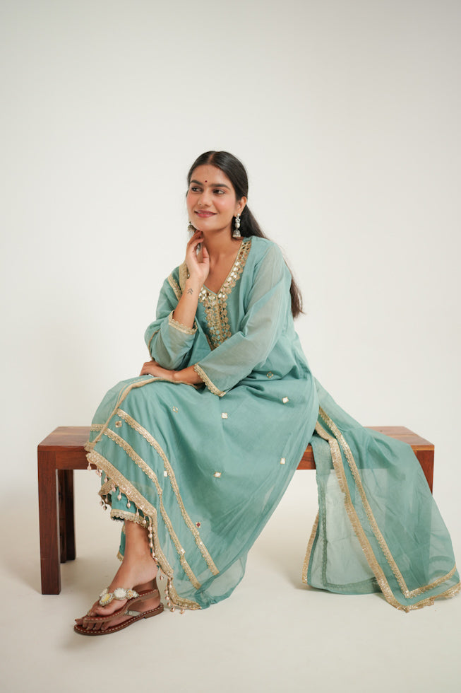 Mul Chanderi A-Line Kurta Set with Mirror Work