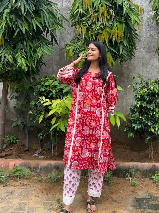 Pure hand block choga set kurta set with lace details