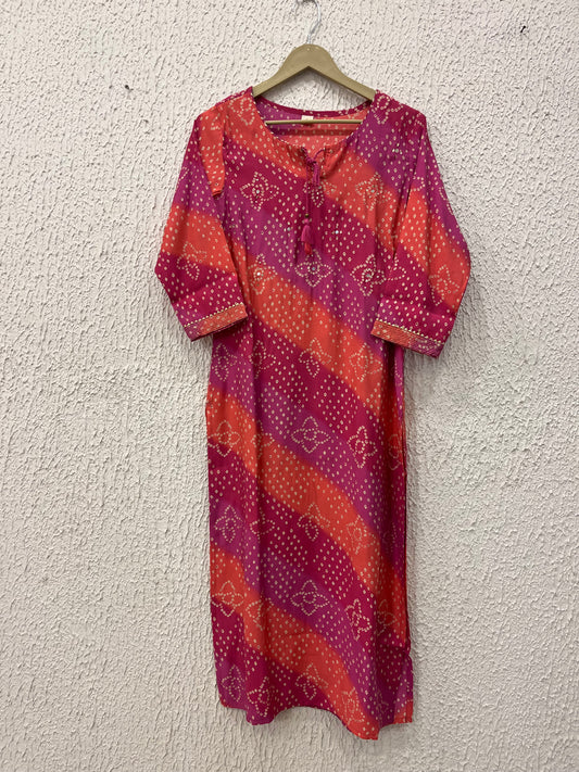 Pink/Blue Bandej print muslin Kurta.