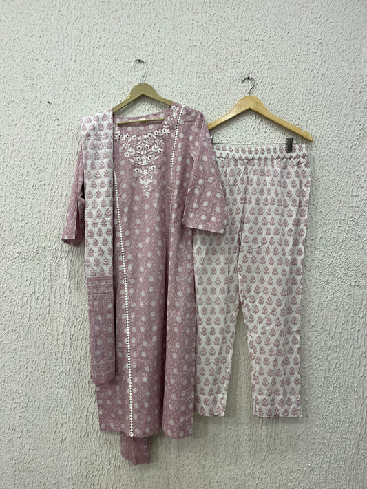 Pink printed cotton kurta set with dupatta