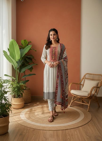 Woman in traditional outfit standing in a room with plants and a chair.