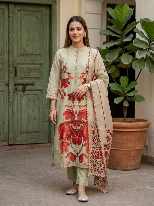 Pure Linen 3-Piece Set with Handkatha Work & Lining