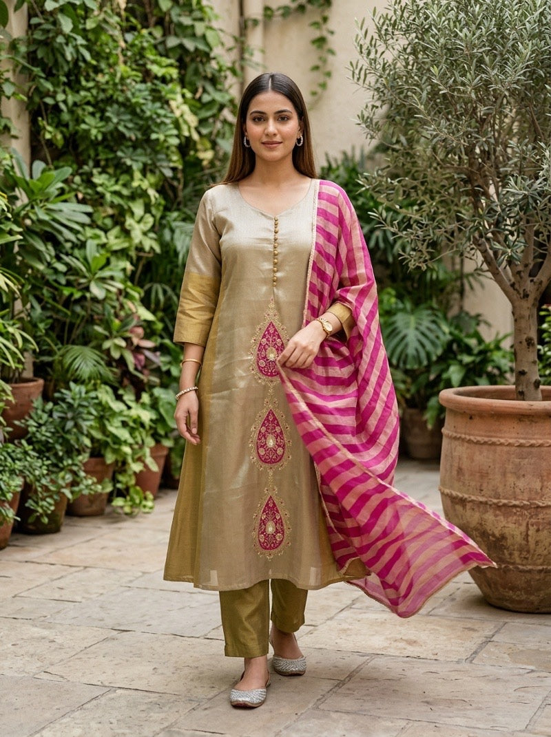 Pure Shaded Tissue Double Dye A-Line 3-Piece Set with Banarasi Dupatta