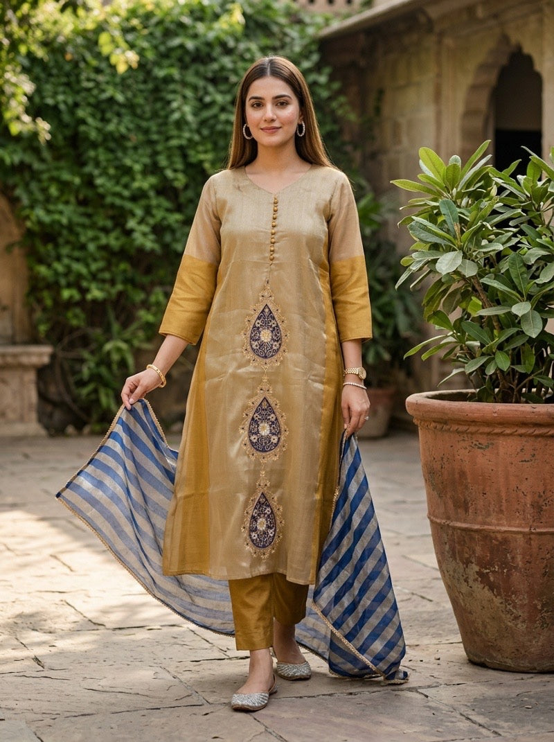 Pure Shaded Tissue Double Dye A-Line 3-Piece Set with Banarasi Dupatta