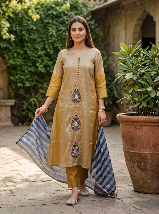 Pure Shaded Tissue Double Dye A-Line 3-Piece Set with Banarasi Dupatta