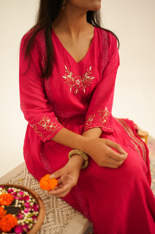 Hand-Embroidered Mul Chanderi Nayra-Cut Kurta Set