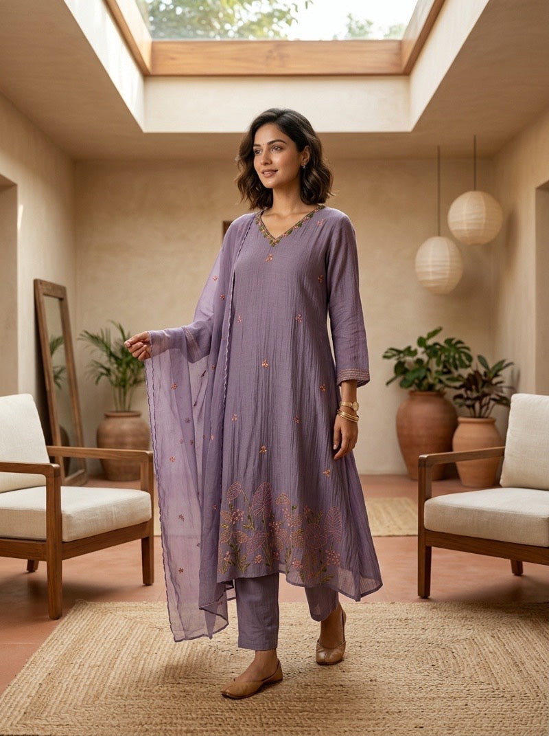 Banaras Mulchanderi A-Line 3-Piece Set with Handwork