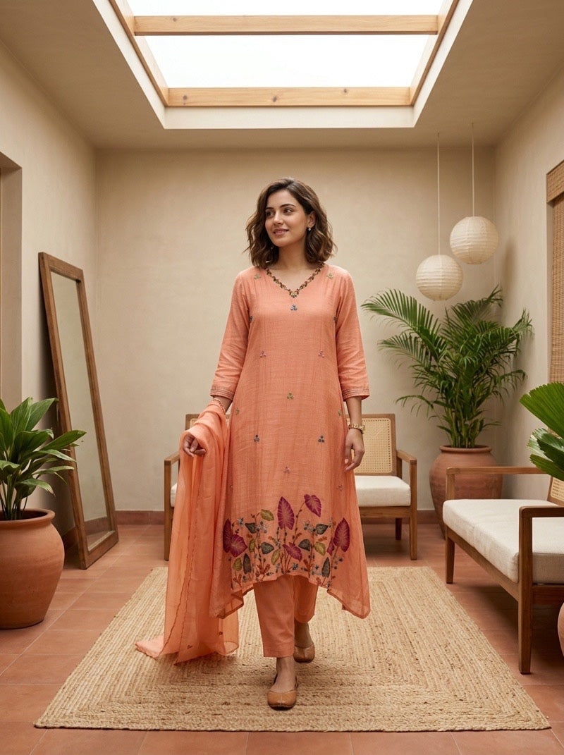 Banaras Mulchanderi A-Line 3-Piece Set with Handwork