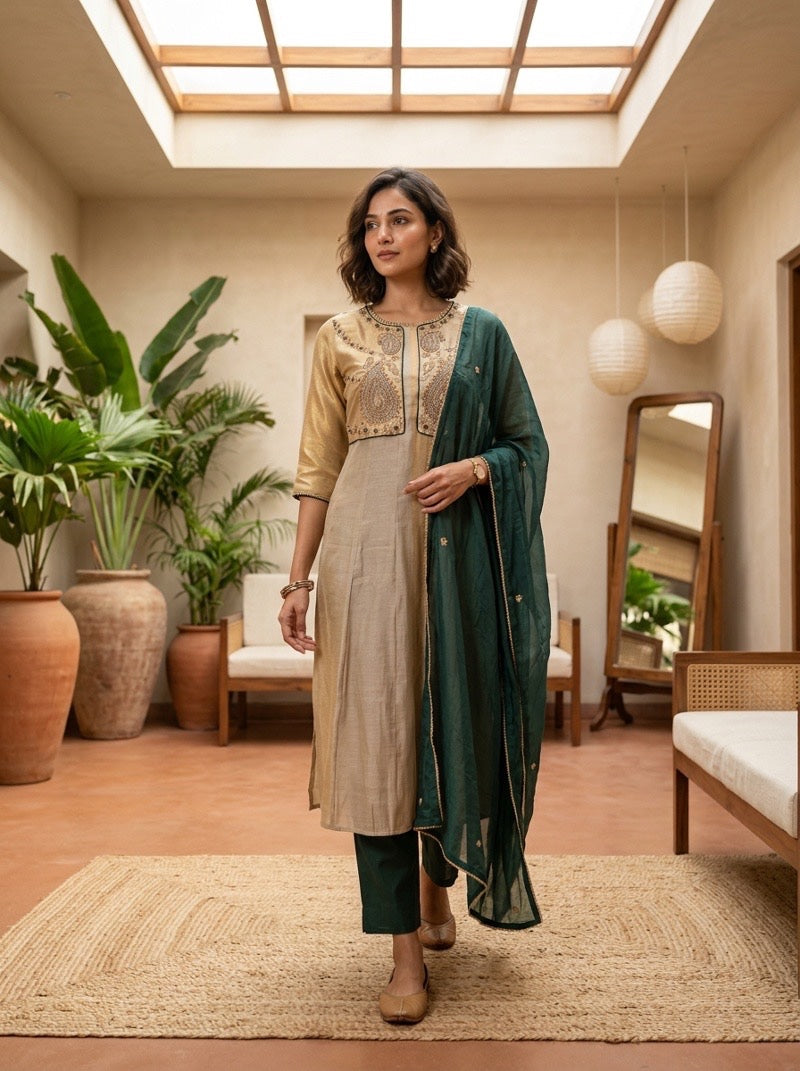 Pure Tissue A-Line Kurta Set with Handwork