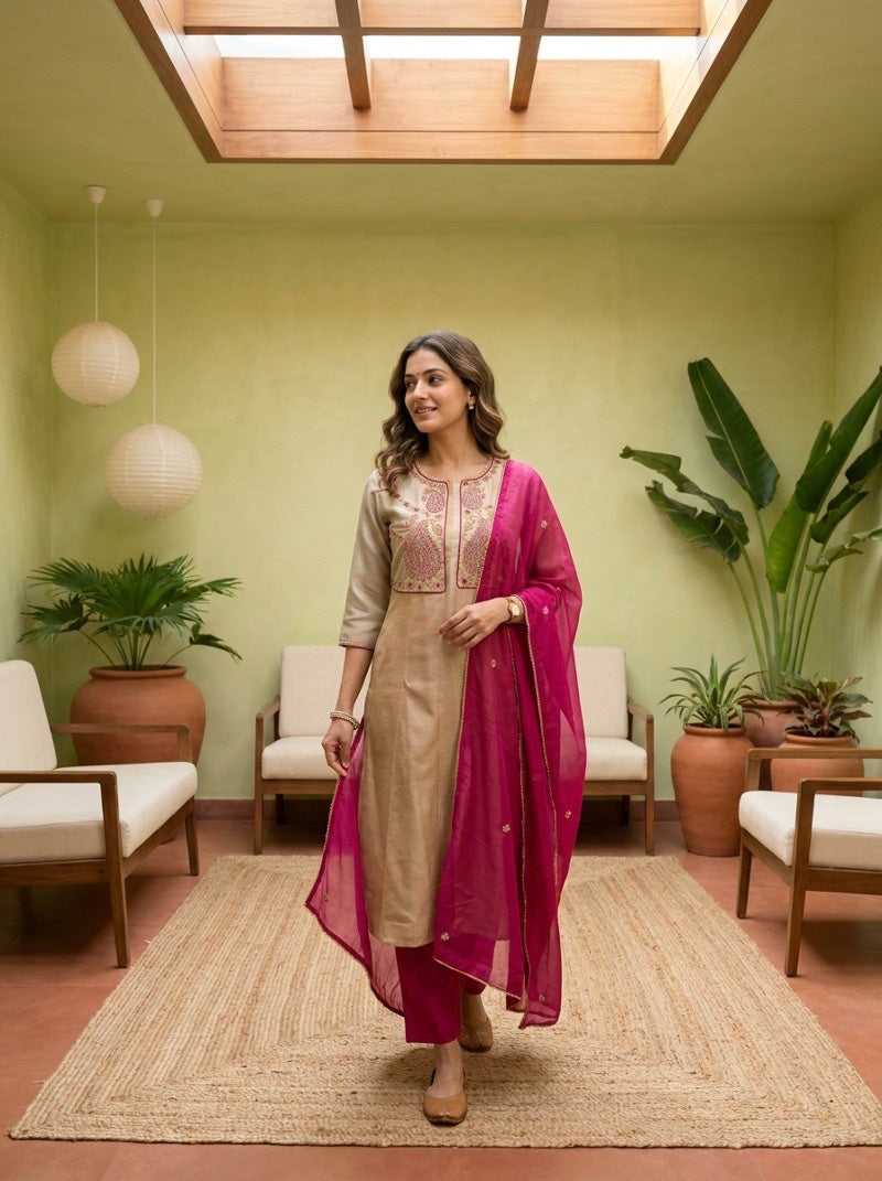 Pure Tissue A-Line Kurta Set with Handwork