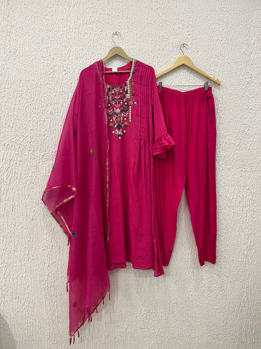 Pink Mul Cotton Suit Set with hand katha work