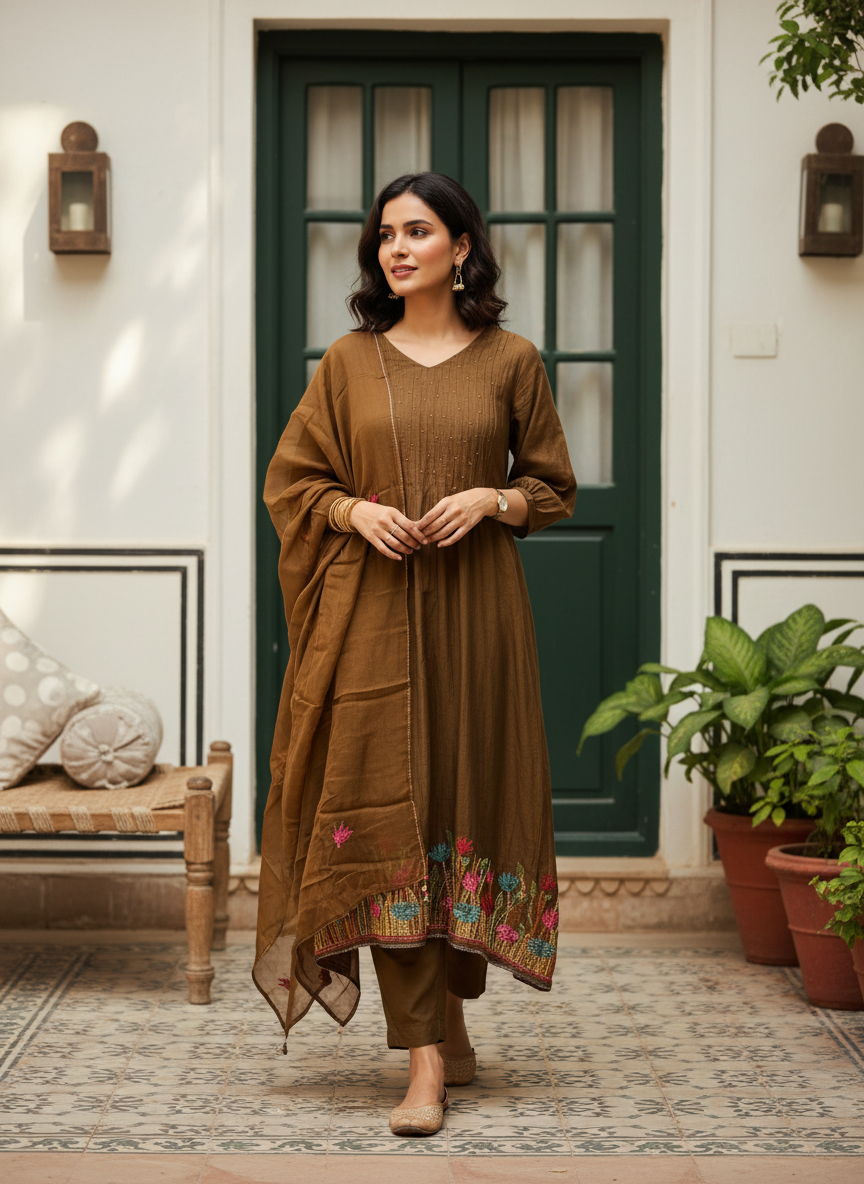 Pure Banaras Mulchanderi A-Line 3-Piece Set