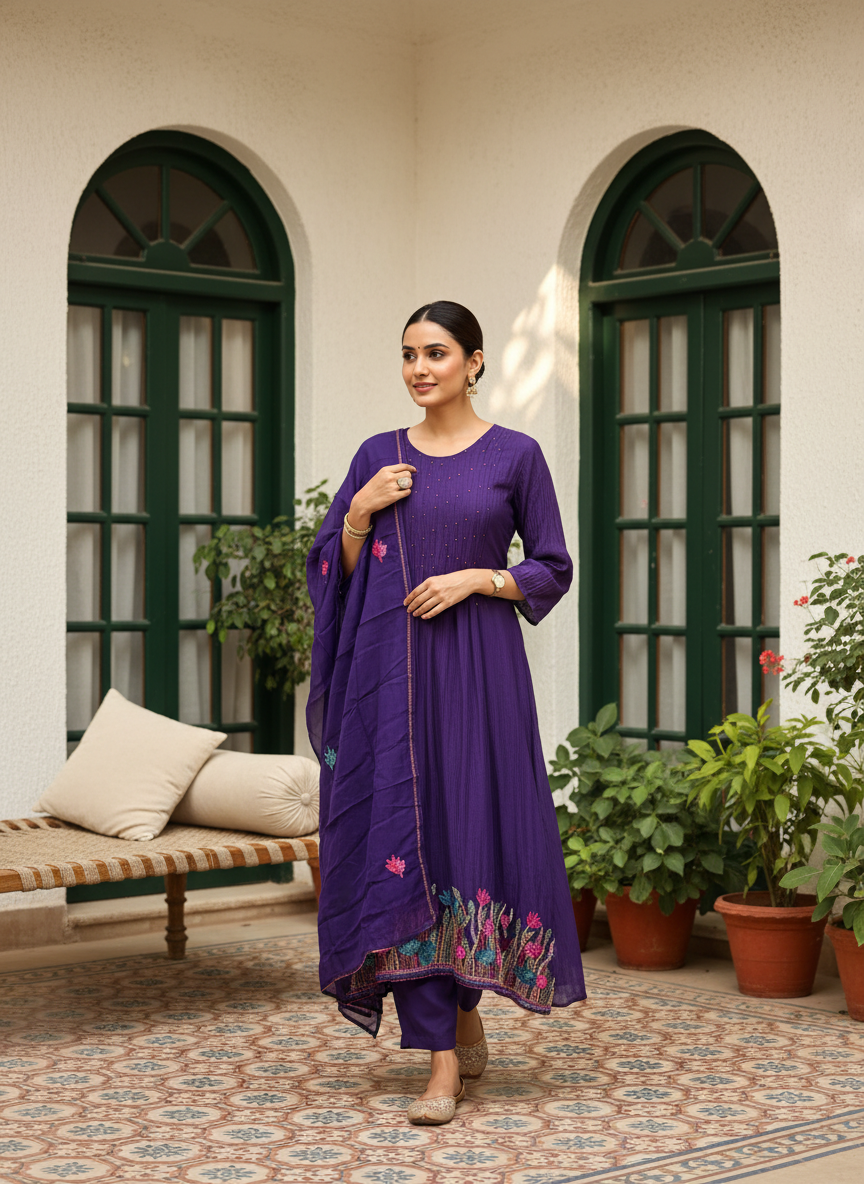 Pure Banaras Mulchanderi A-Line 3-Piece Set