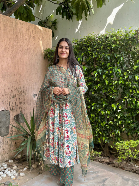 Green Handblock Printed Cotton Anarkali