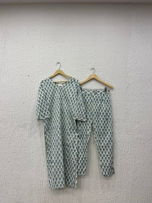 White Floral Printed Cotton Kurta Set