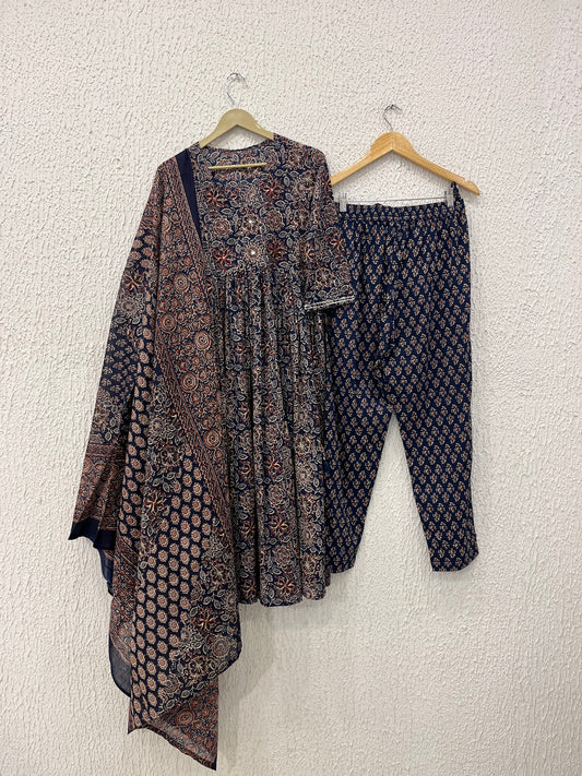 Blue kalamkari Print Anarkali with Printed Dupatta
