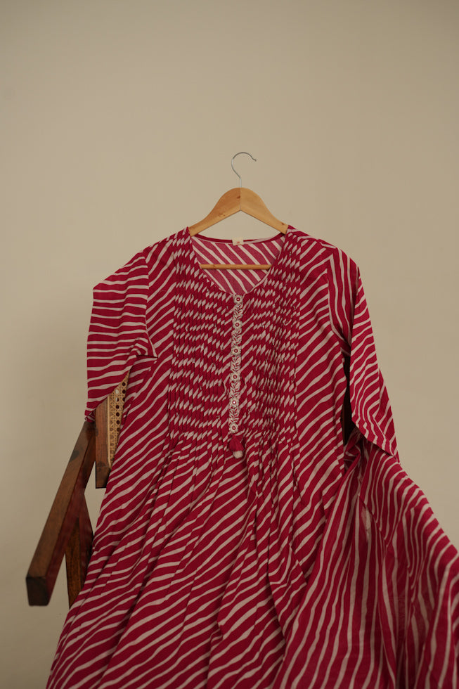 Pink Lehriya Cotton A Line Kurta Set