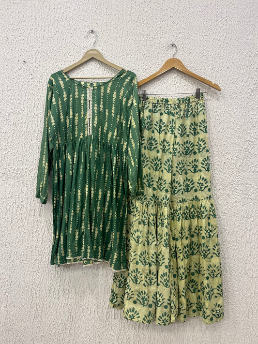 Green Floral Printed Cotton Kurta Sharara Set
