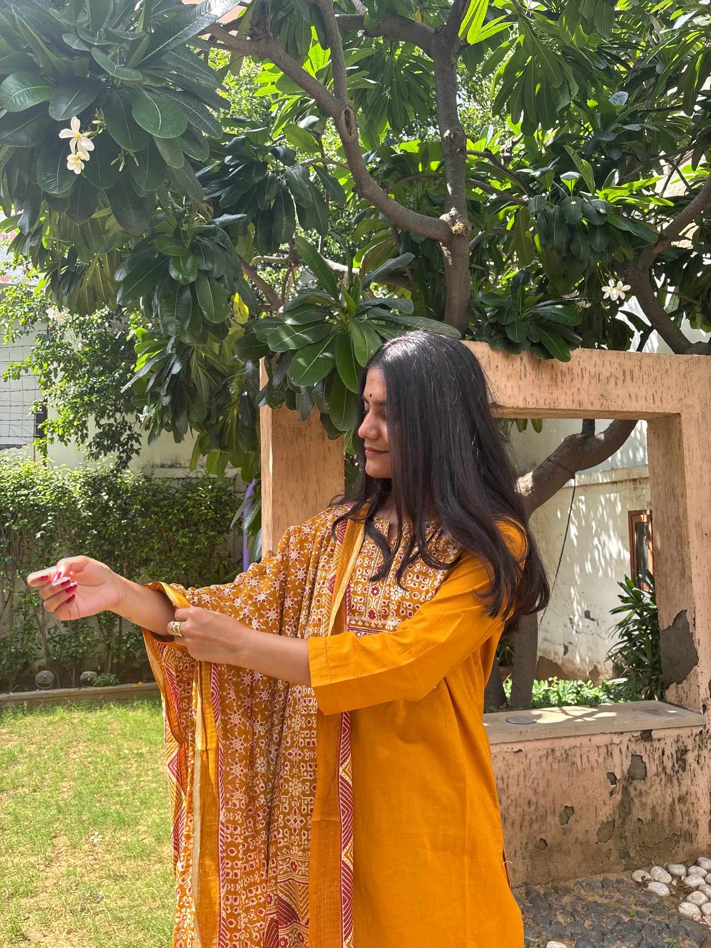 Mustard Cotton Suit Set with Ajrak Printed Dupatta