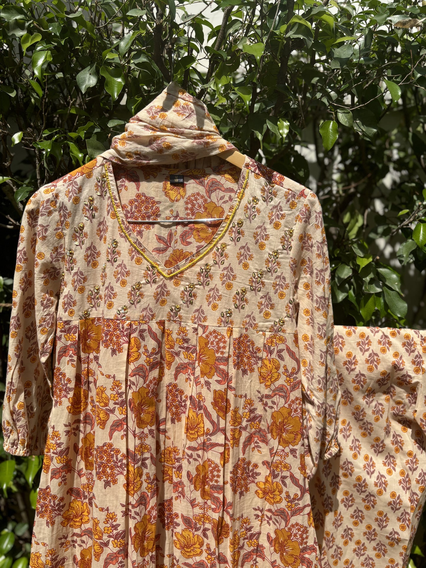 Yellow Block Print Nayra Anarkali Suit Set