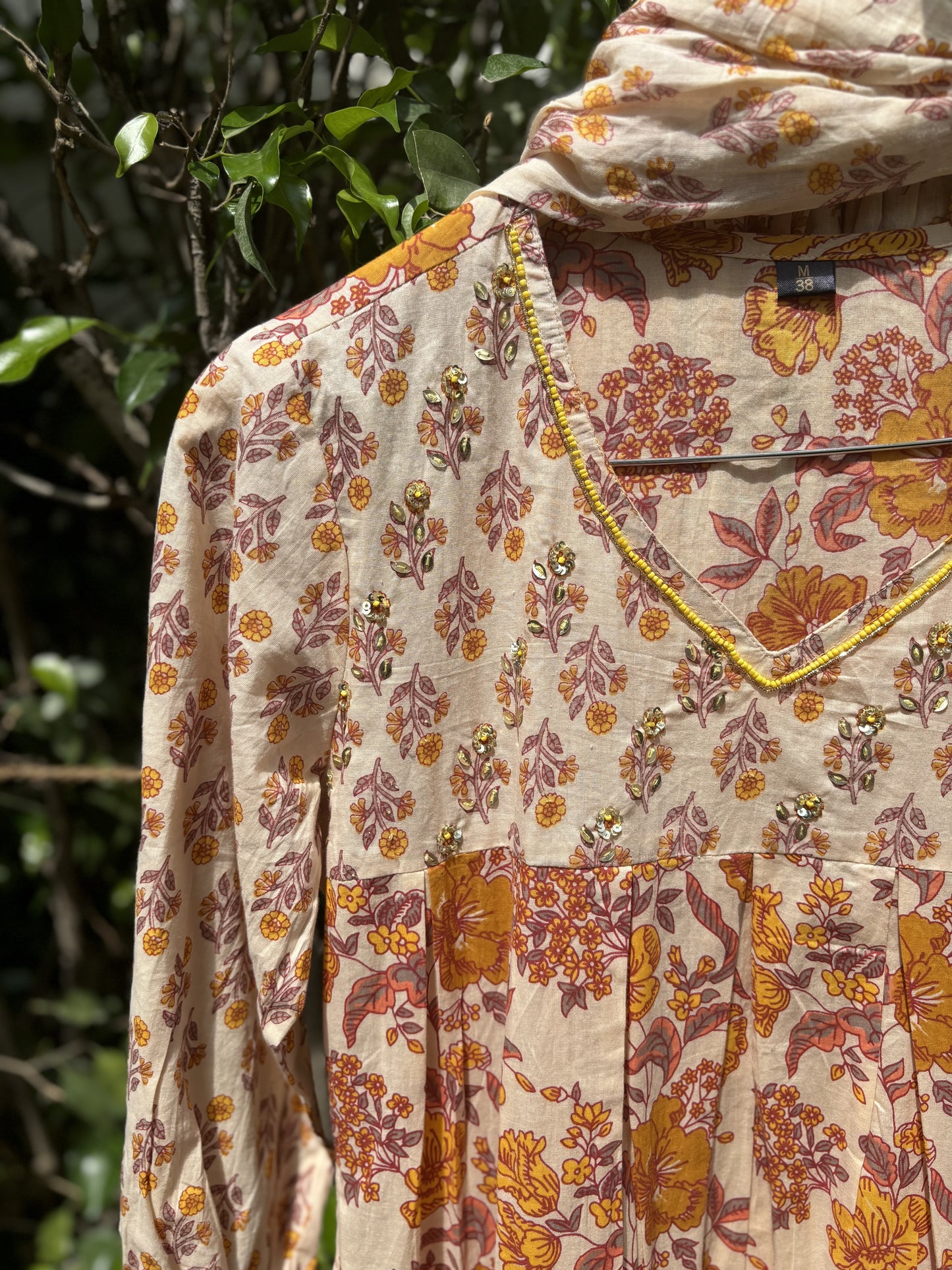 Yellow Block Print Nayra Anarkali Suit Set