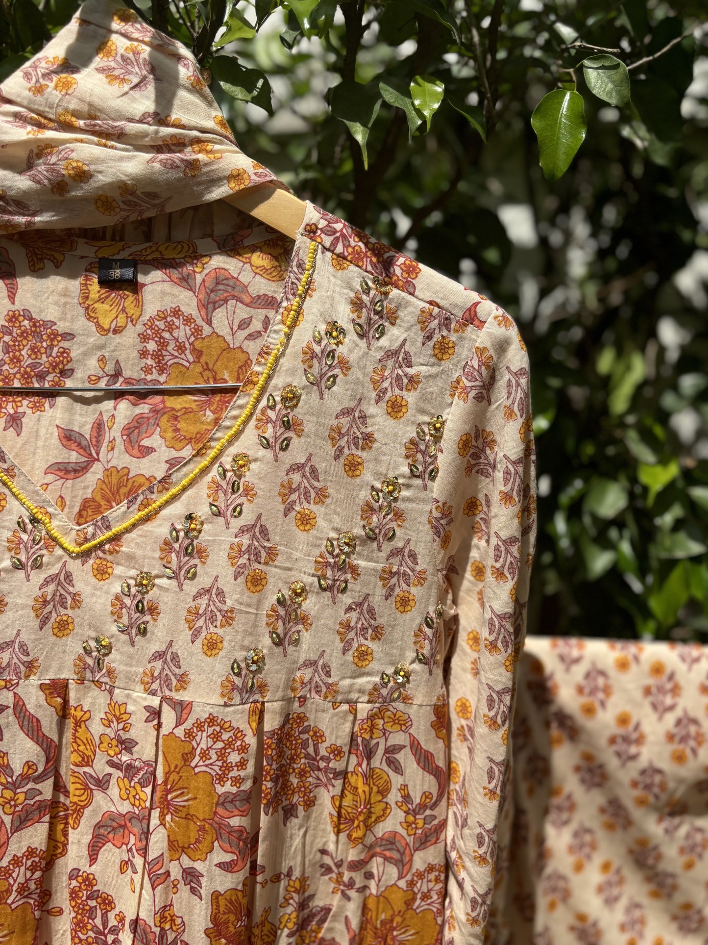 Yellow Block Print Nayra Anarkali Suit Set