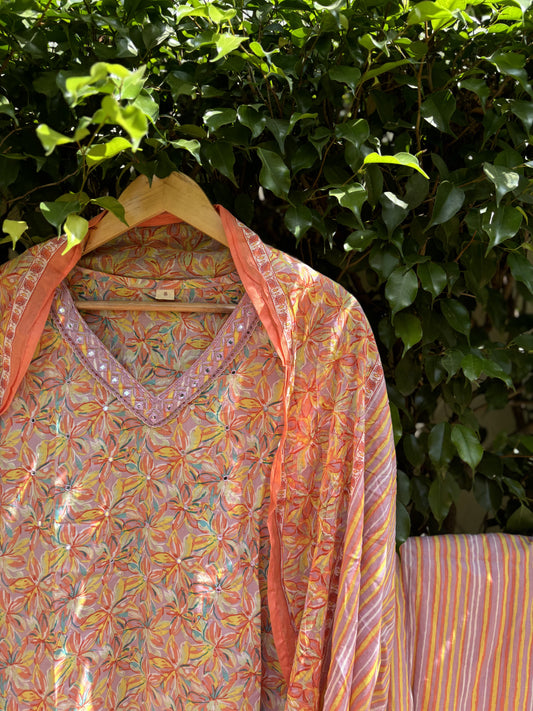 Peach Floral Print V-neck Cotton Straight Suit Set
