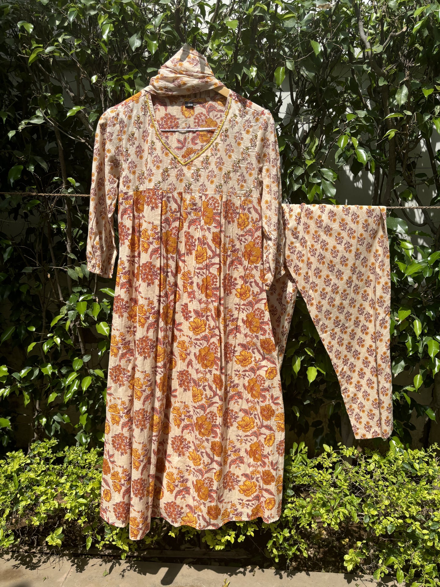 Yellow Block Print Nayra Anarkali Suit Set