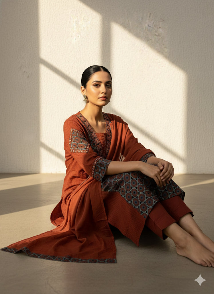 Soft Mul Cotton Brown Printed Suit Set