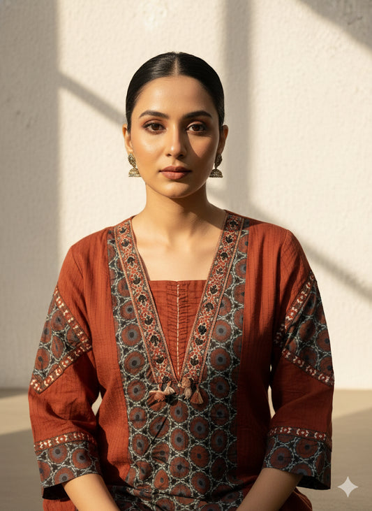 Soft Mul Cotton Brown Printed Suit Set