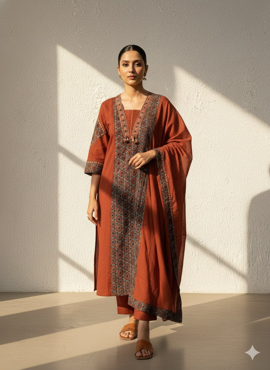 Soft Mul Cotton Brown Printed Suit Set