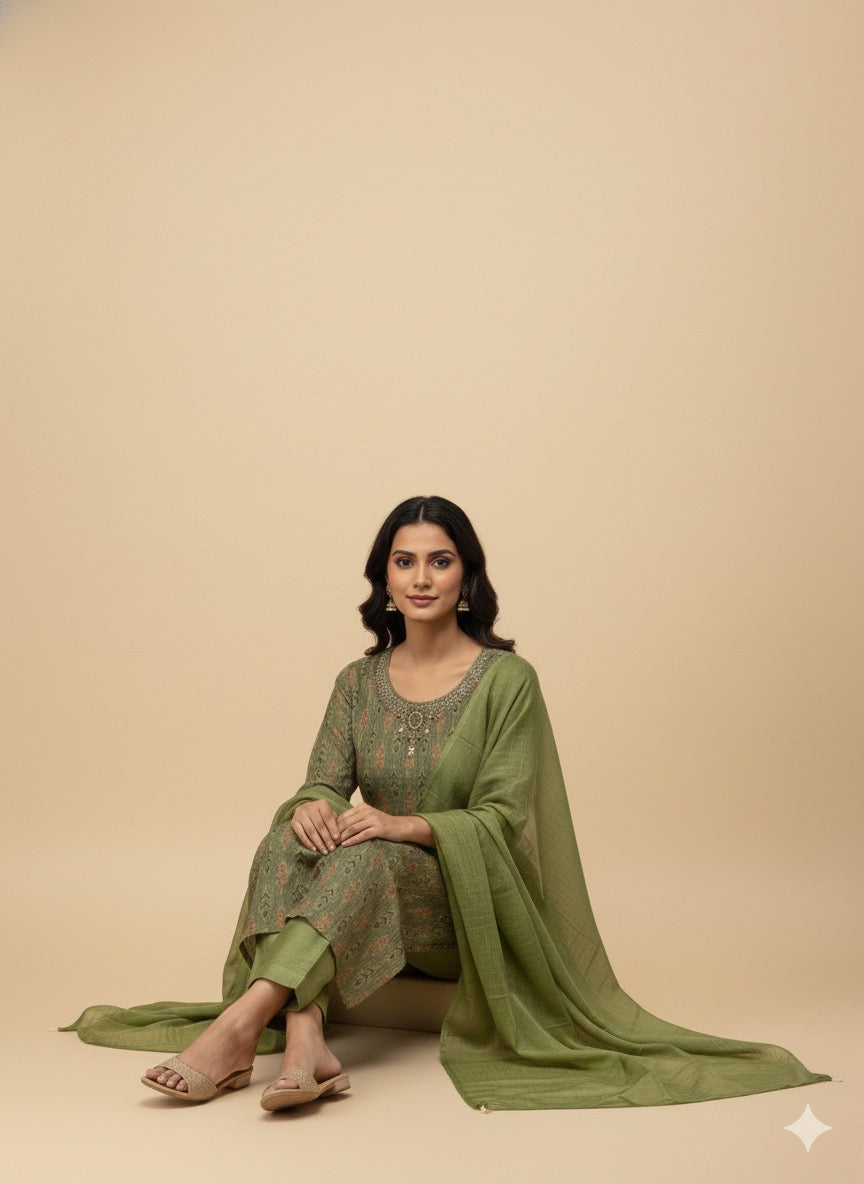 Green Silk Straight Suit Set