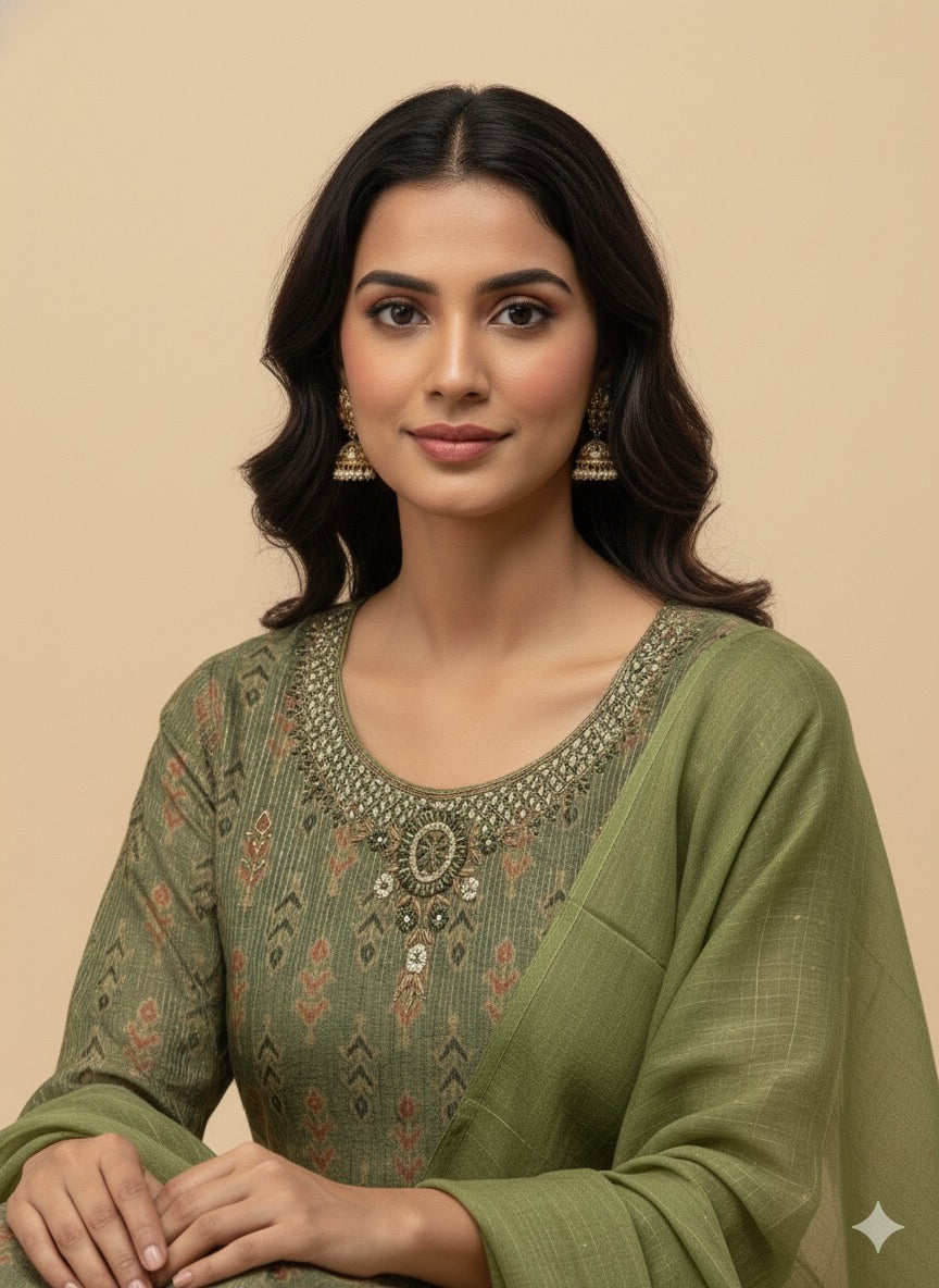 Green Silk Straight Suit Set