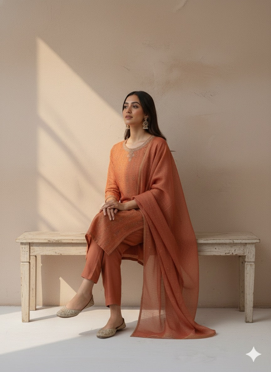 Orange Chanderi Straight Suit Set