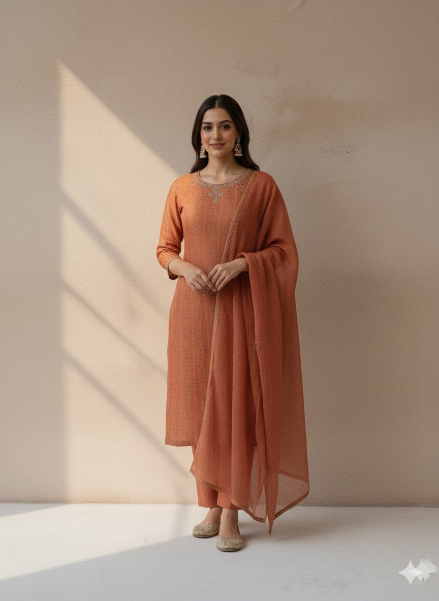 Orange Chanderi Straight Suit Set