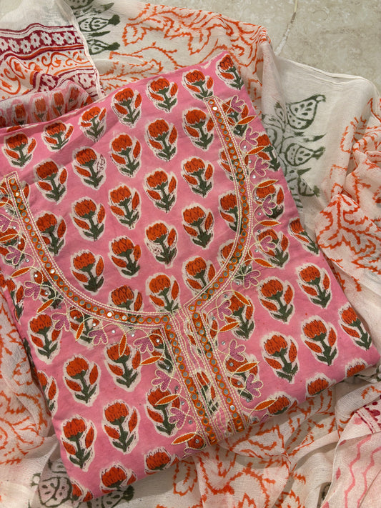 Thread Embroidered Cotton Block Printed Unstitched Suit Set