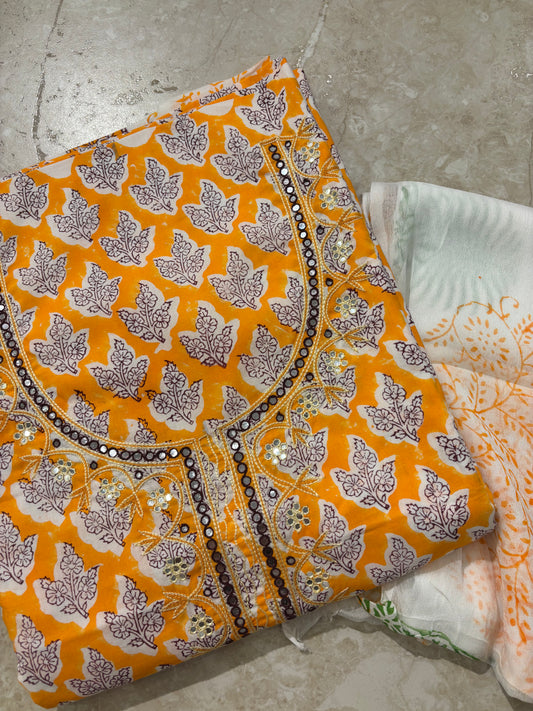 Thread Embroidered Cotton Block Printed Unstitched Suit Set