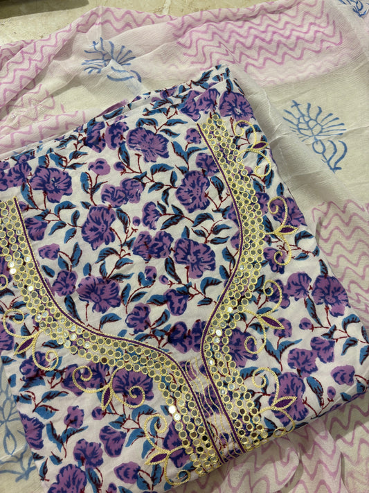 Thread Embroidered Cotton Block Printed Unstitched Suit Set