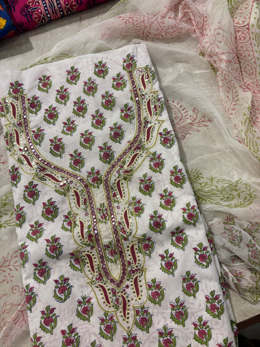 Thread Embroidered Cotton Block Printed Unstitched Suit Set