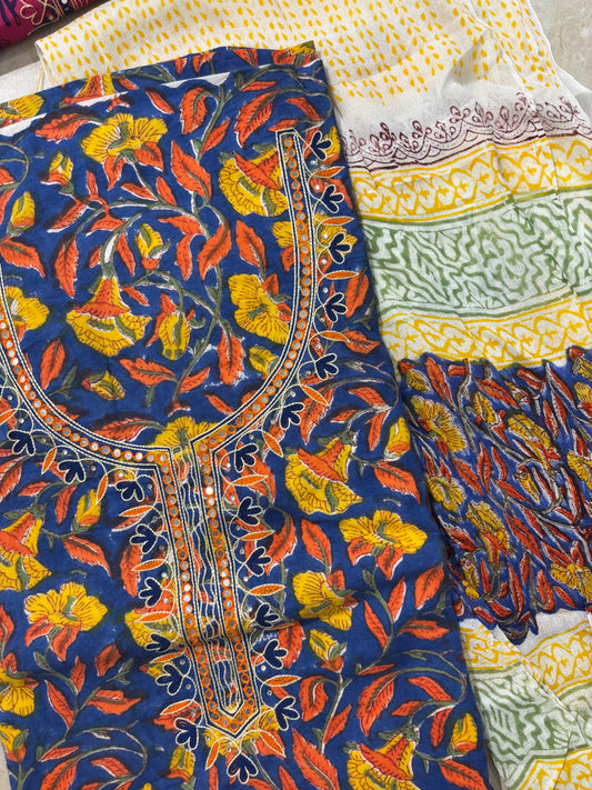 Thread Embroidered Cotton Block Printed Unstitched Suit Set